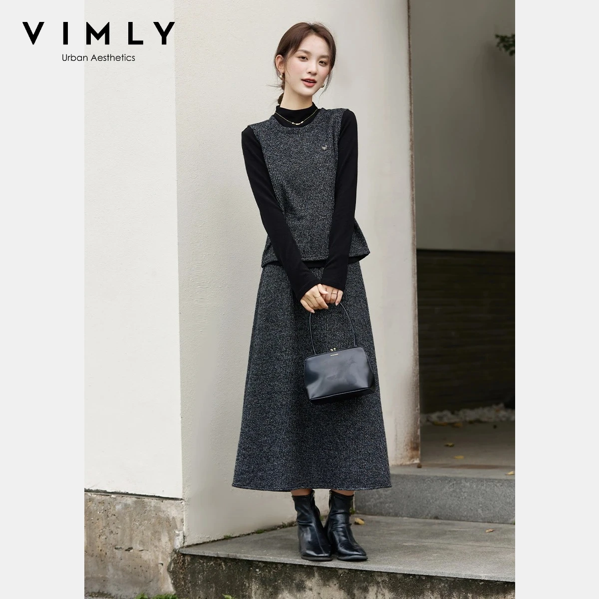 

VIMLY Women's Two Piece Skirt Set Casual Knitted Round Neck Vest Midi A-line Skirt Luxury 2025 Winter Clothes Skirt Sets A3190
