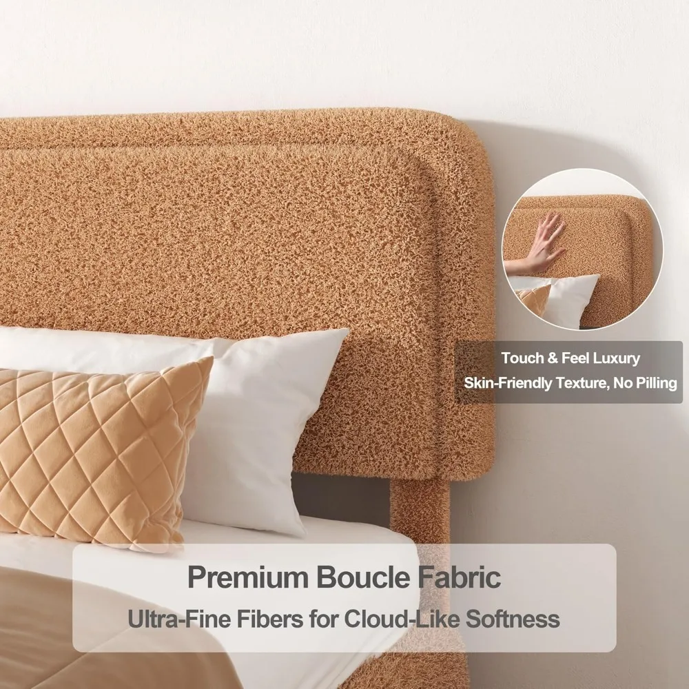 إطار سرير بمنصة Boucle بحجم كوين مع لوح رأسي قابل للتعديل بمستويين، وسرير سحابي منجد، وذرة مستديرة ناعمة مضادة للتصادمات