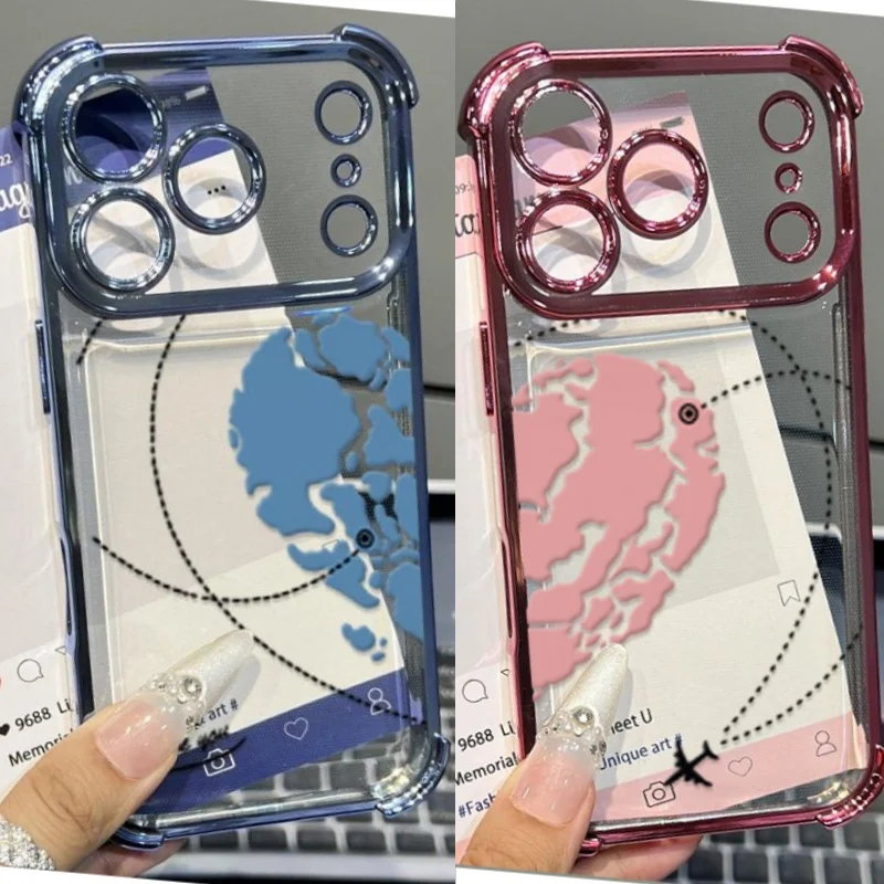 Case For Samsung Galaxy S26 Edge S24 S25 Ultra S23 Plus S24FE S25FE Airplane Route Love Heart Transparent Couple Cover