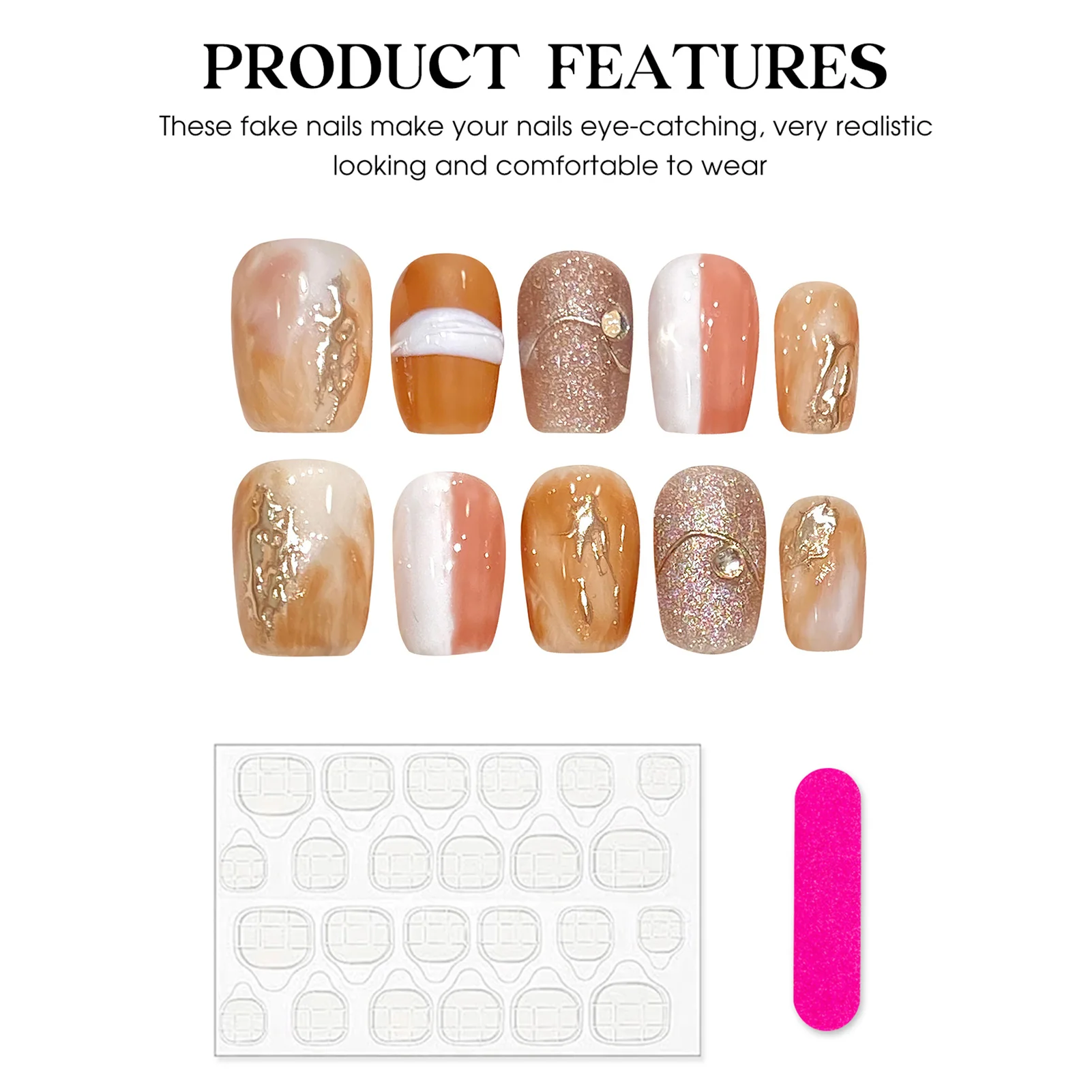 Uñas postizas hechas a mano con purpurina, cuadradas, cortas, Color caramelo, gradiente, marrón, ojo de gato, prensa en uñas, uñas postizas brillantes usables