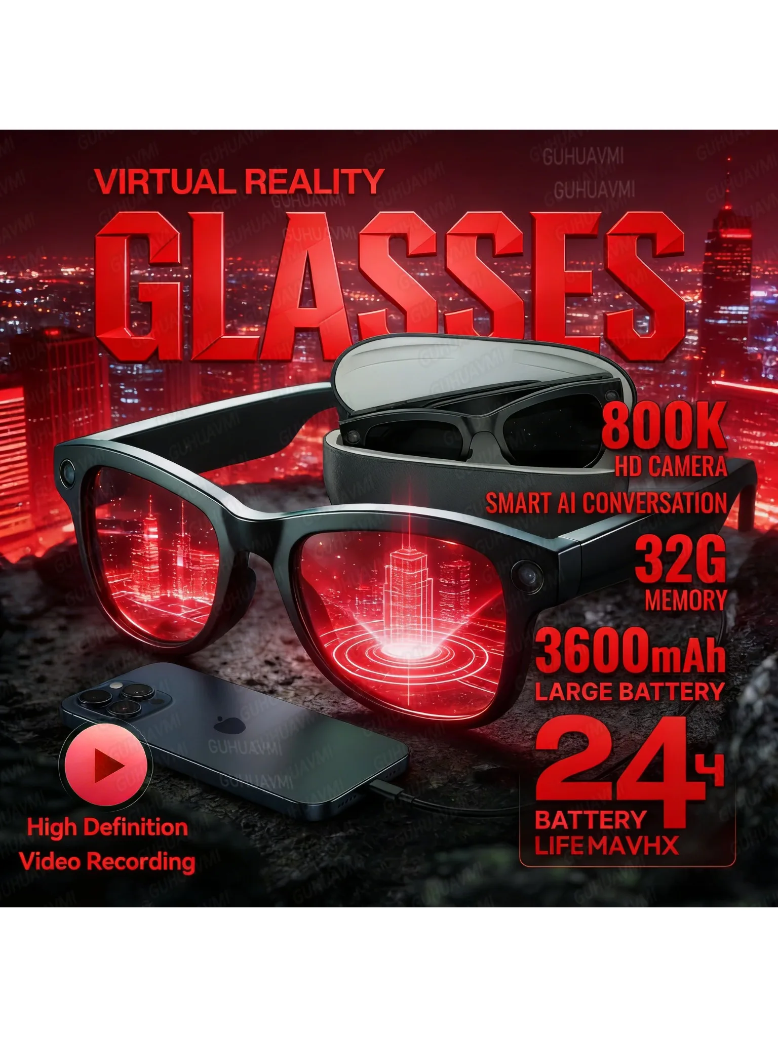 Inteligentne okulary AI 2026 z kamerą 1080P HD, M02 Ultra ChatGPT, etui ładujące 3600mAh, power bank, 32GB, tłumaczenie, muzyka, okulary przeciwsłoneczne z funkcją wideo. — zdjęcie produktu 7