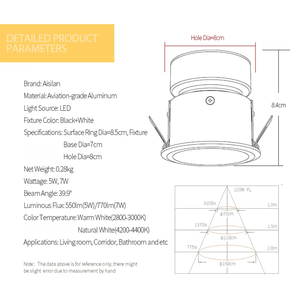 Aisilan Recessed LED Nordic Anti-fog Downlight Angle Adjustable Built-in LED Spot Light AC90-260V 7W for Indoor Lighting