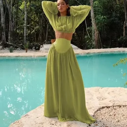 Boho Holiday 2 Pieces Maxi Dresses Full Sleeves Draped Green Party Dress A-line Elastic Waist Long Chiffon Women Dresses Sexy