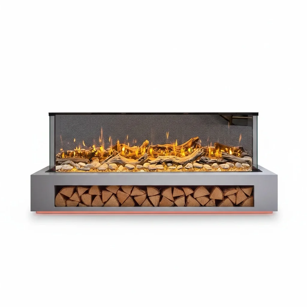 

3-Sided Electric Fireplace, Mirrored 3D LED Fireplace Insert, Tempered Glass Heater for Media Wall, Heavy Duty 1.2mm Steel