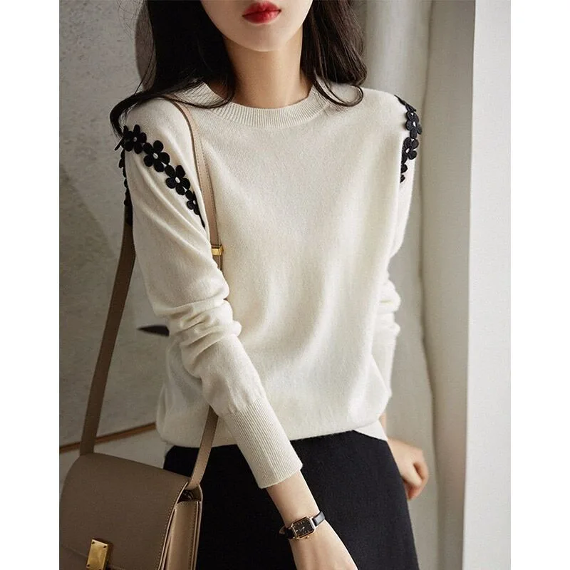 New Autumn/Winter Fashion Trend Design Sense Printed Round Neck Colorblock Loose Versatile Slim Women\'s Long Sleeve Sweater