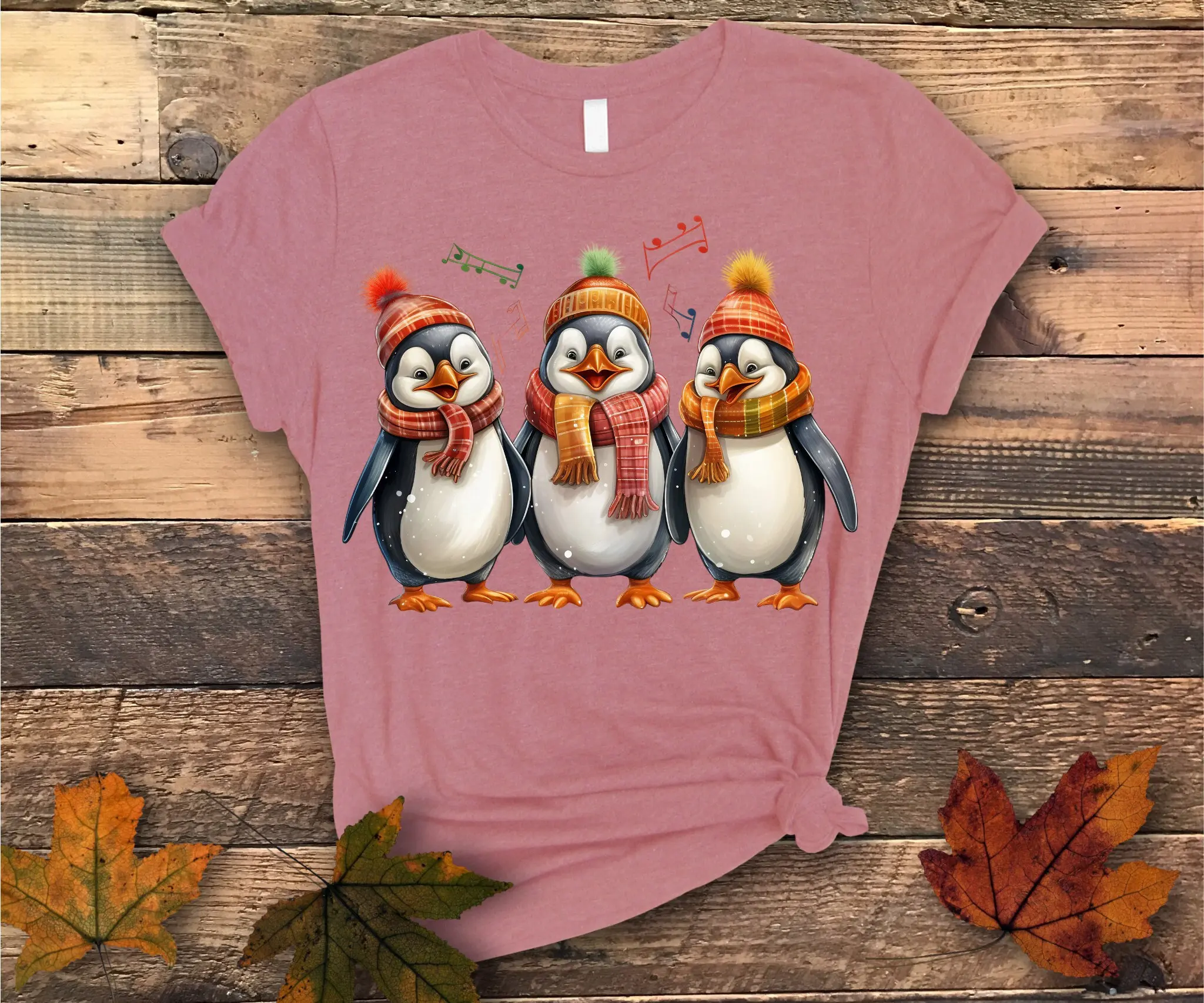 T Shirt Penguins With Santa Hat Scarf Singing Christmas Carols Xmas Festive For Holiday Apparel Him Her