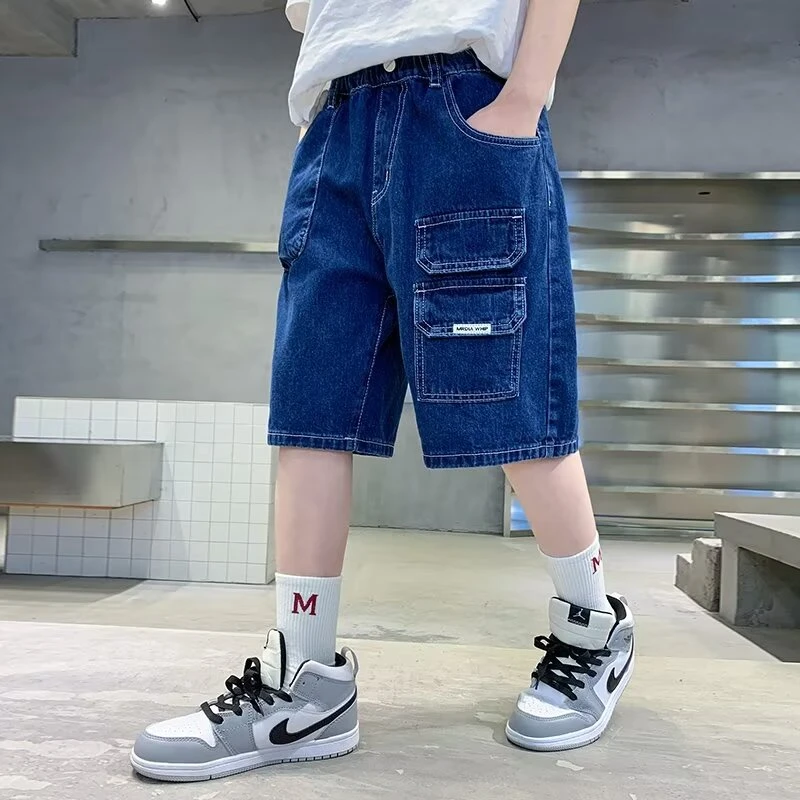 Boys Jeans Short Pants Leisure Sports Pocket Decoration Five-point Denim Trousers For Kid Sport Clothing Outwear