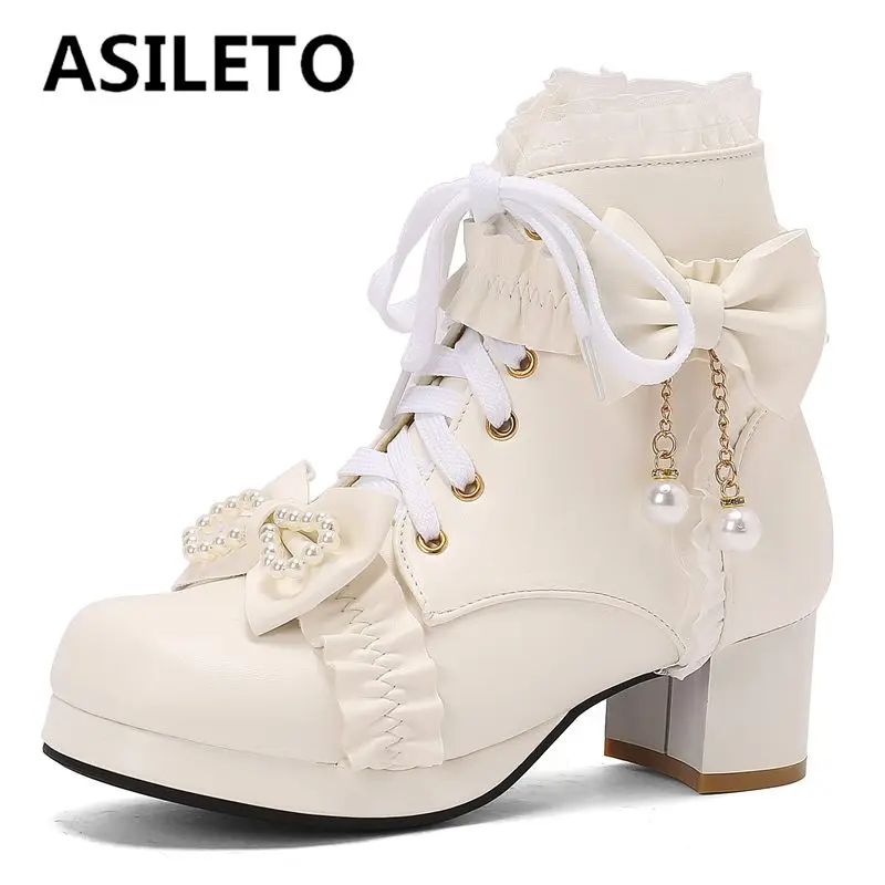 ASILETO Sweet Women Ankle Boots Round Toe Princess Girls Bota Chunky Heels 5cm Zipper Lace Up Pearl Bowknot Big Size PU Casual