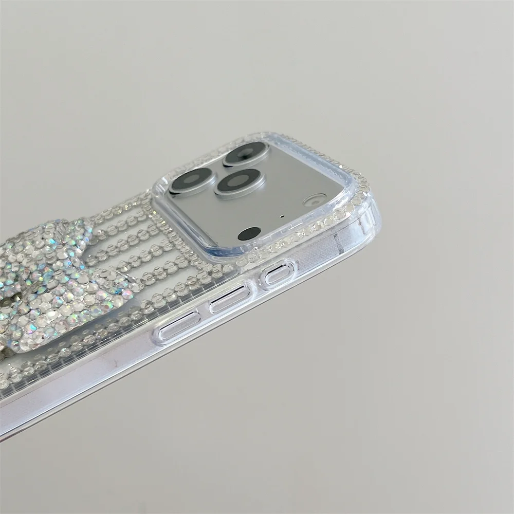 Luxury Preppy Sparkly Rhinestone Stripe 3D Bow Clear Phone Case for 17 Pro Max Bead Wrist Strap Cover for iPhone 16 15 14 13
