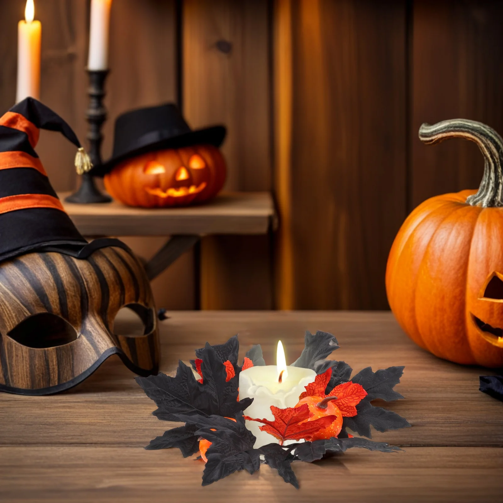 

2pcs Halloween Decoration Holders Artificial Maple Leaf Pumpkin Wreath For Fall Thanksgiving Party Centerpieces Indoor