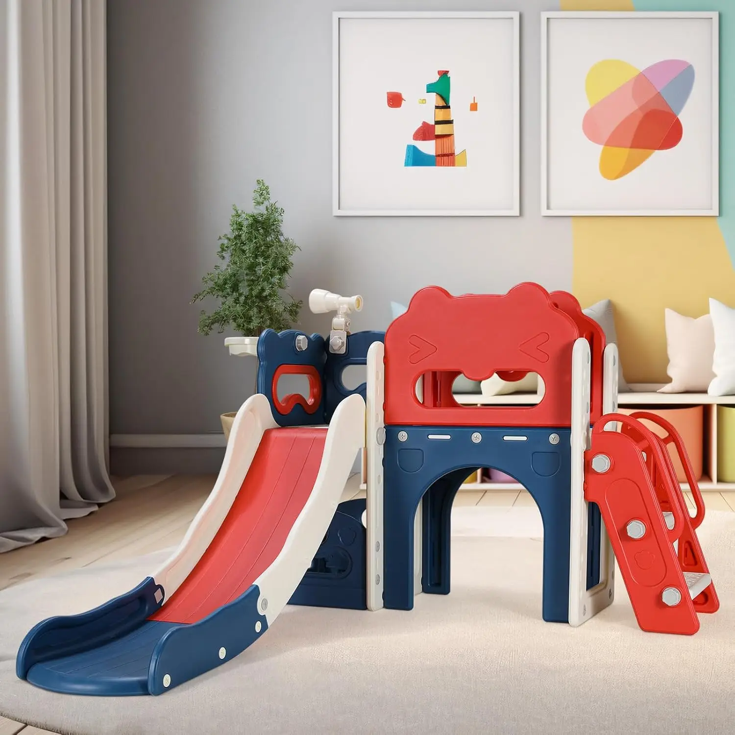 8-in-1 Large Toddler Slide, L-Shaped Kids Slide with Long Slope, Baby Climber Slide Playset w/Enclosed Steps, Telescope