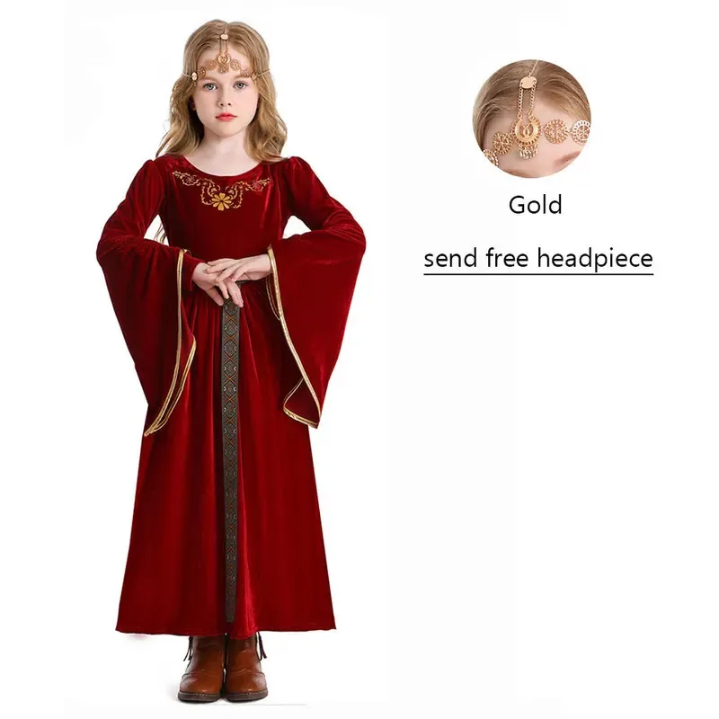 Umorden 어린이 키즈 르네상스 중세 드레스 가운 의상 소녀 4-12T 레드 블루 헤드 피스 3 개/대