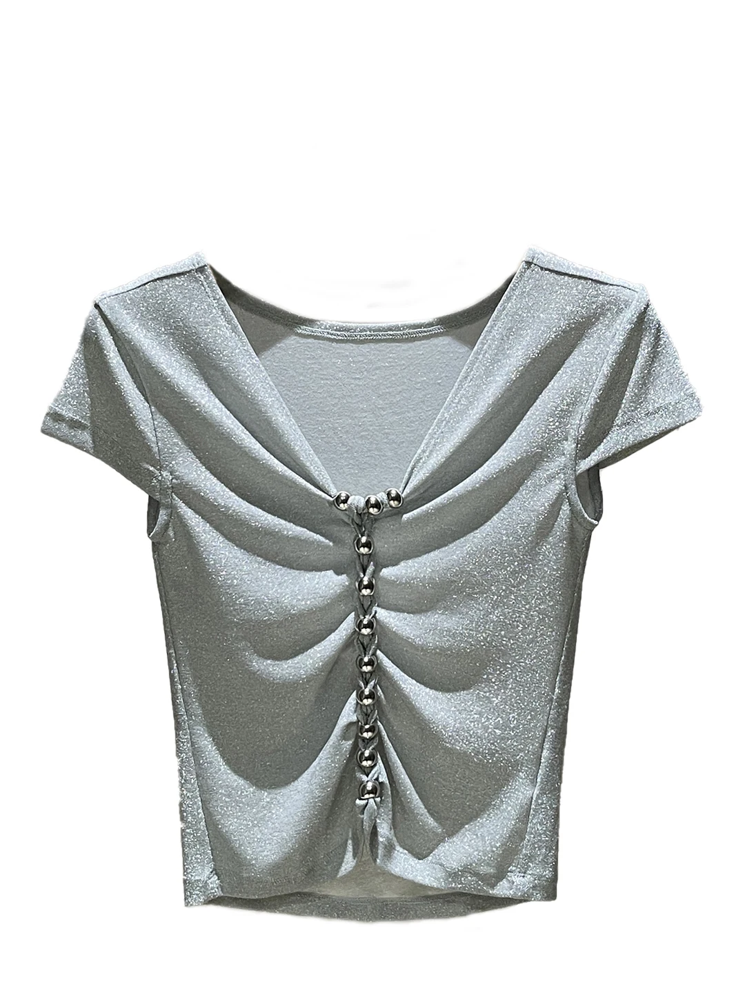 تي شيرت محبوك من ay V-ne ort-sved Design Sense Body طبقة أساسية مع زخرفة من الخرز مطوي للتنقل...