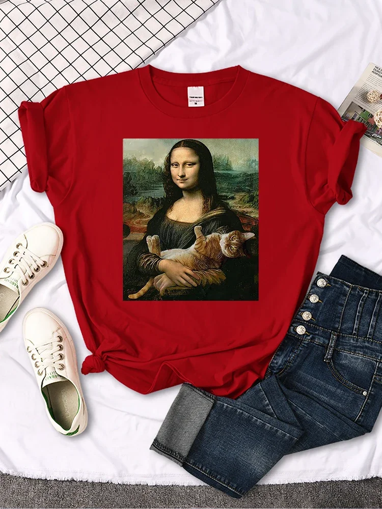 Mona Lisa T Shirts Funny Cat Lovely Cute Printed T-Shirt for Women\'S Crewneck Gothic Women Tshirt Casual Oversize Tee Shirts