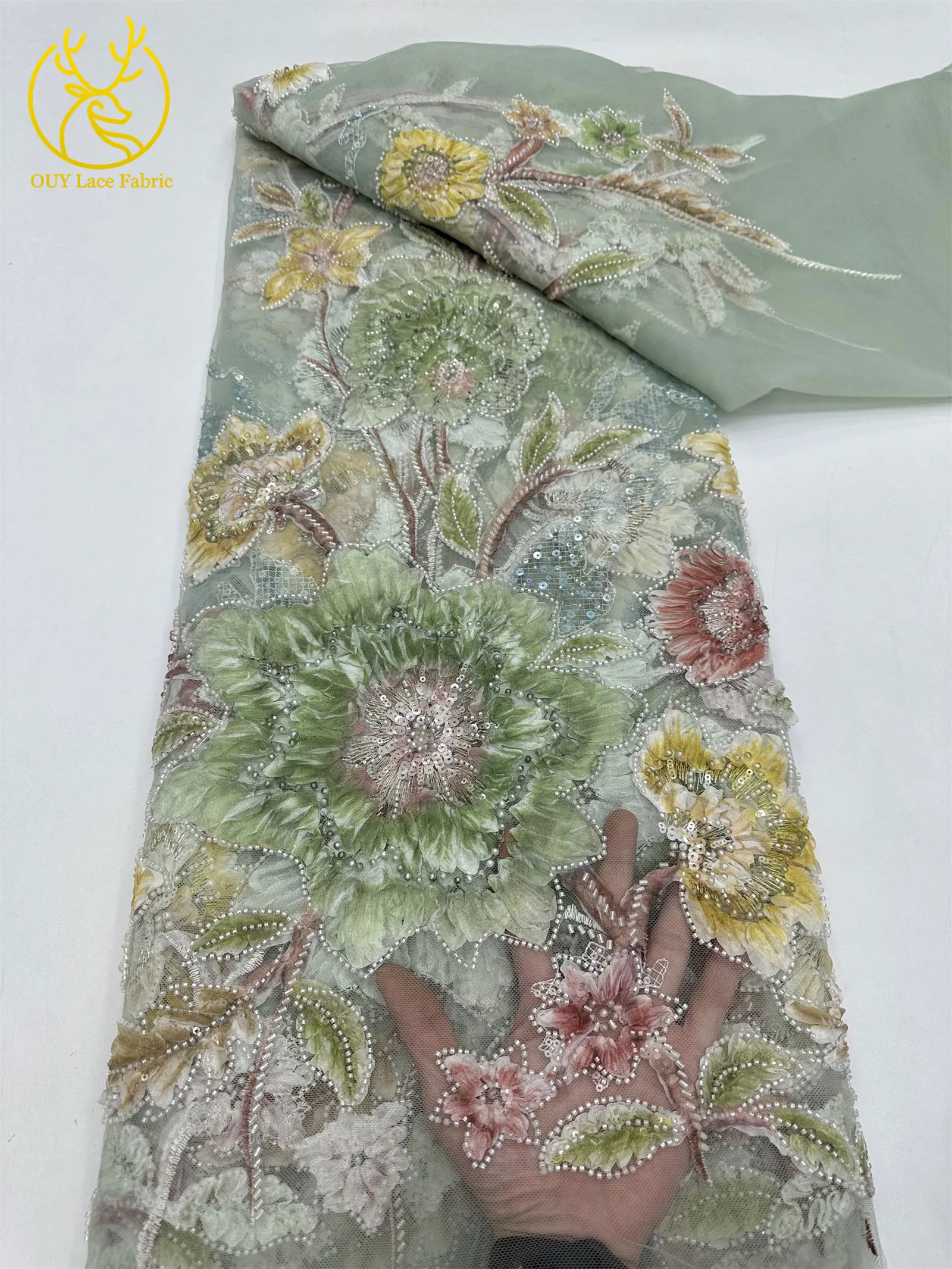 Neuer Stil 3D Blumen-Pailletten-Perlen-Spitzenstoff 2026 Afrikanischer Spitzenstoff Französische Netz-Pailletten-Spitze für Hochzeitskleider zum Nähen – Detail 12