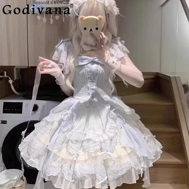 

Женское свадебное платье в балетном стиле, синее милое платье Лолиты с вышивкой, женское летнее милое праздничное платье принцессы феи