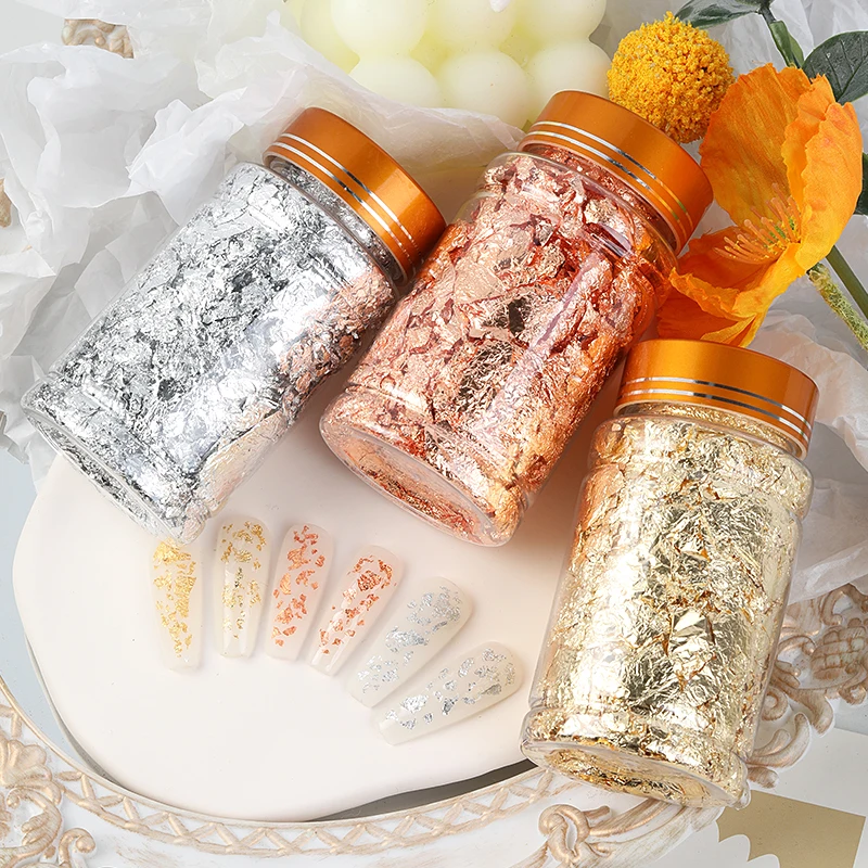 3 ขวดผสมสี Glitter Nail Art สติกเกอร์กระดาษฟอยล์ไม่สม่ําเสมอ SHINY Leaf GOLD Flakes เล็บ DIY ฟอยล์อุปกรณ์ตกแต่ง