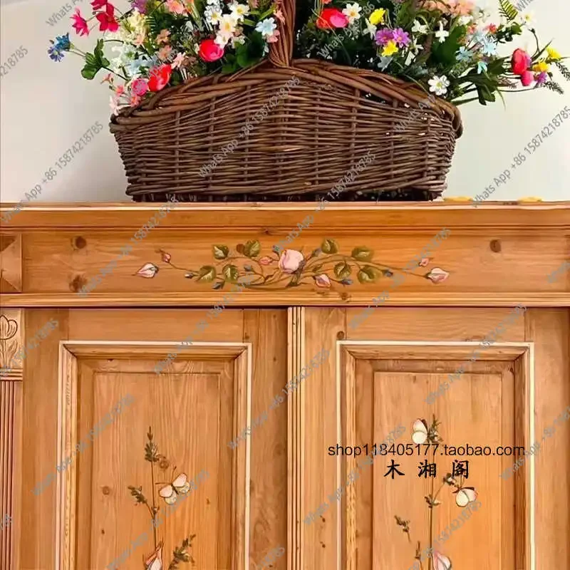 MX American Pastoral Style Painted Solid Wood Wardrobe Classic Vintage Flower Wardrobe French Distressed Hand-painted Locker