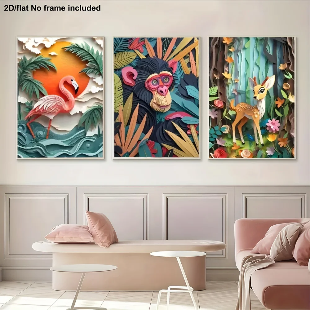 [2D plat] Un ensemble de trois tableaux décoratifs pour la maison, art sur toile sans cadre 2D plat, adapté à la décoration intérieure, à la décoration murale dans les salons et les chambres. Cet ensemble d'art textile en trois pièces présente une scène de jungle vibrante, comprenant un gorille et un flamant rose.