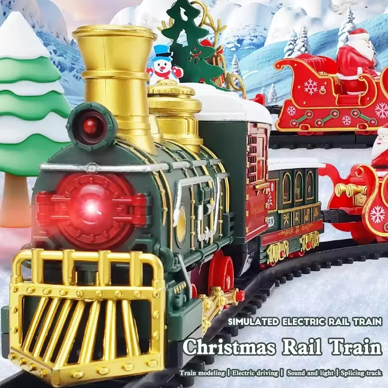 2025 Christmas Tree Electric Train Tracks Set Santa Claus Cargo Cars With Xmas Sounds Lights Toys For Kids New Year Xmas Gift