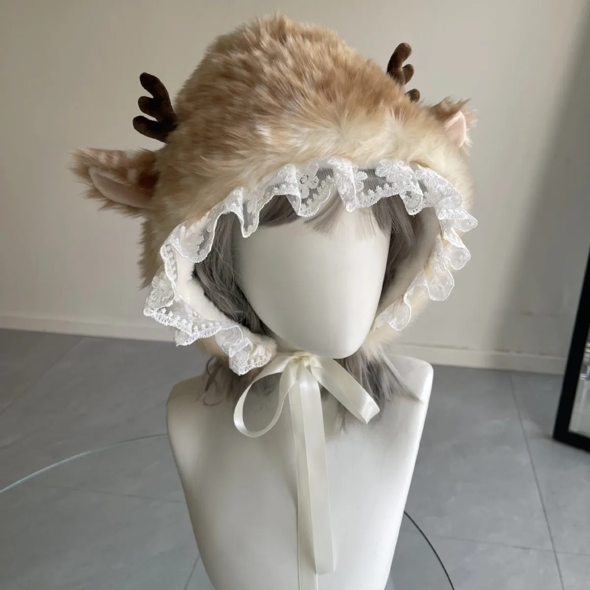 Lolita Cute Winter Reindeer Hat with Ear Protection Kawaii Ins Warm Forest Bonnet with Lace Trim Christmas Deer Theme Plush Hat