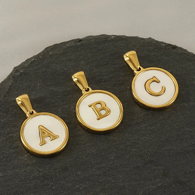 Stainless Steel 18K Gold Plated 26 A-Z Initials Round White Shell Base Pendant for Name Necklace