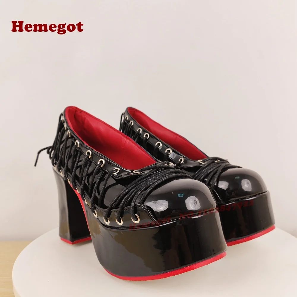 

Туфли-лодочки из лакированной кожи на шнуровке, черные, с круглым носком, с перекрестной завязкой, неглубокие женские туфли-лодочки на платформе, на массивном каблуке, готическая обувь, пикантная обувь