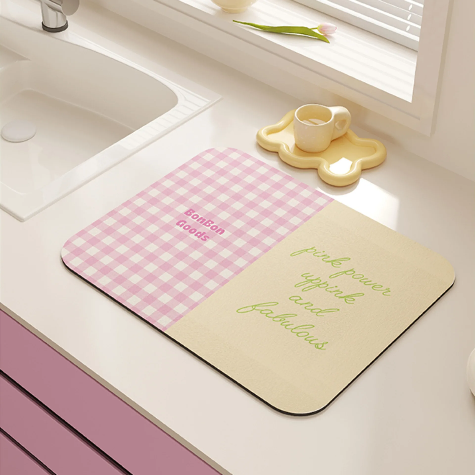 VIKAMA Pastel Green Check Text Print Dish Drying Mat Non Slip Waterproof Quick Absorbent Kitchen Coffee Counter Pad