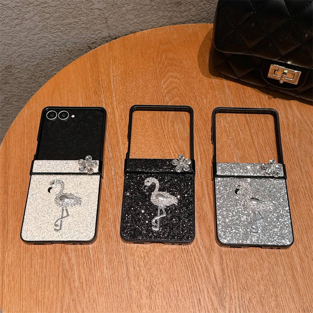 

Ins Flash Powder Phone Case 3D Diamond Flamingo for Samsung Galaxy Z Flip7 6 5 Flip6 7 FE Flipp5 6 7 Cover Cute Protection Cases