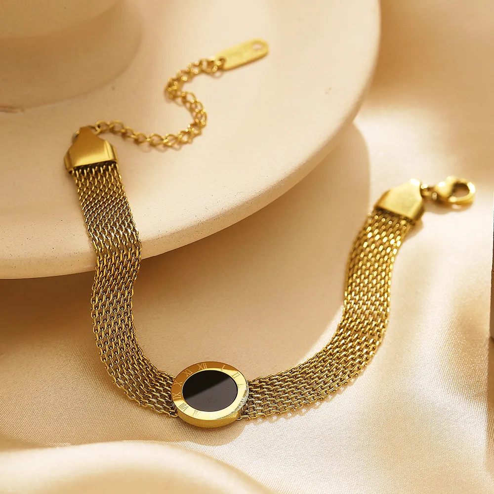 

Wide Strap Shape Roman Number Titanium Steel Bracelet with Enamel 18K Gold Plated Waterproof Non Allergy Jewelry for Women Girls