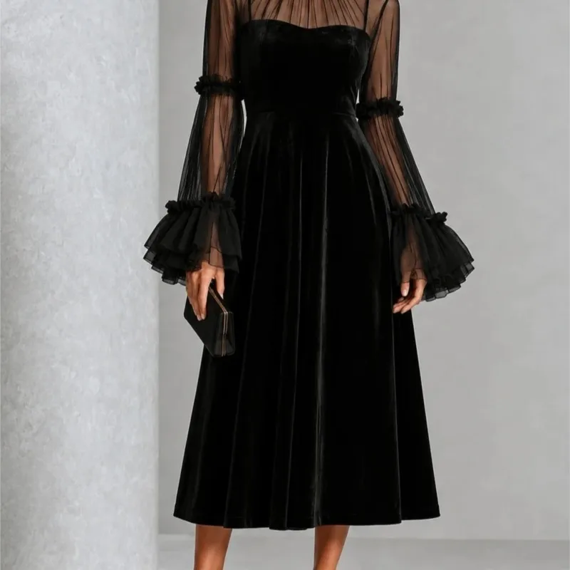 Elegantes Samt-Abendkleid für Damen, hoher Kragen, transparente Rüschenärmel, A-Linie, schmales Midi-Kleid, formelles Cocktail-Party-Abendkleid