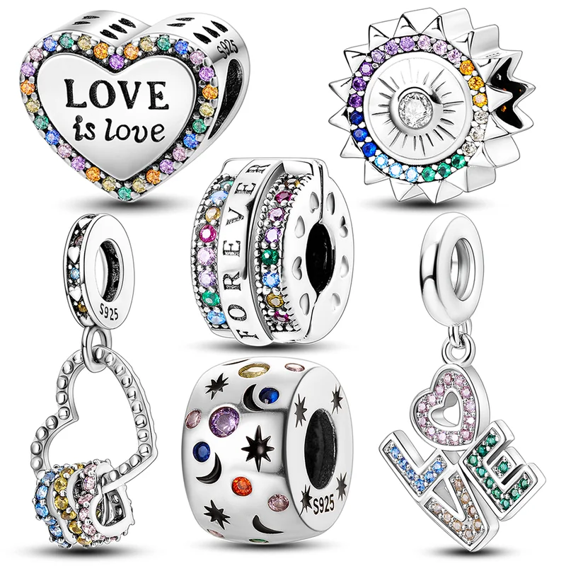 Colorful Zirconium LOVE Dangle 925 Sterling Silver Eye Of Light Heart Shape Charms Beads Fit Pandora Bracelet Necklace Jewelry