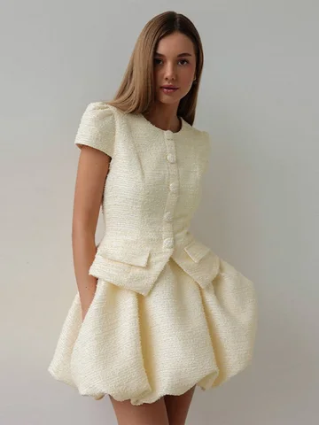 Элегантные однотонные тонкие женские костюмы из двух предметов с круглым вырезом и коротким рукавом, однобортные тонкие топы с высокой талией, мини-юбка-бутон, милый женский наряд