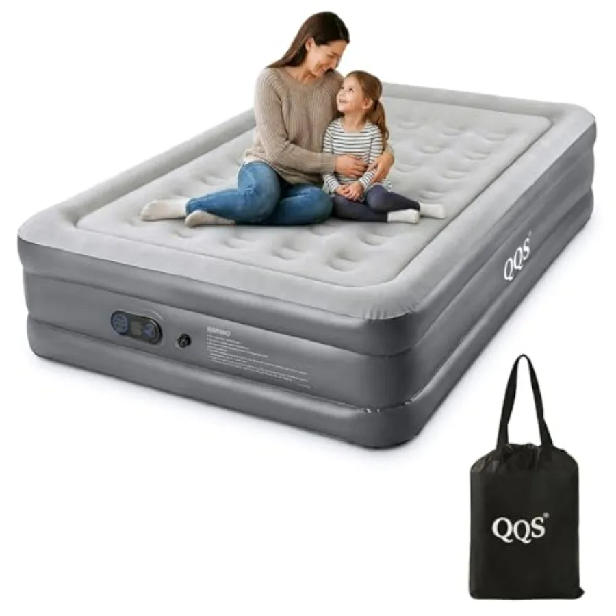

Queen air mattress with built-in pump for home, guest camping; PVC material; gray; 18'' raised, 660lb support, inflates in 3 mi