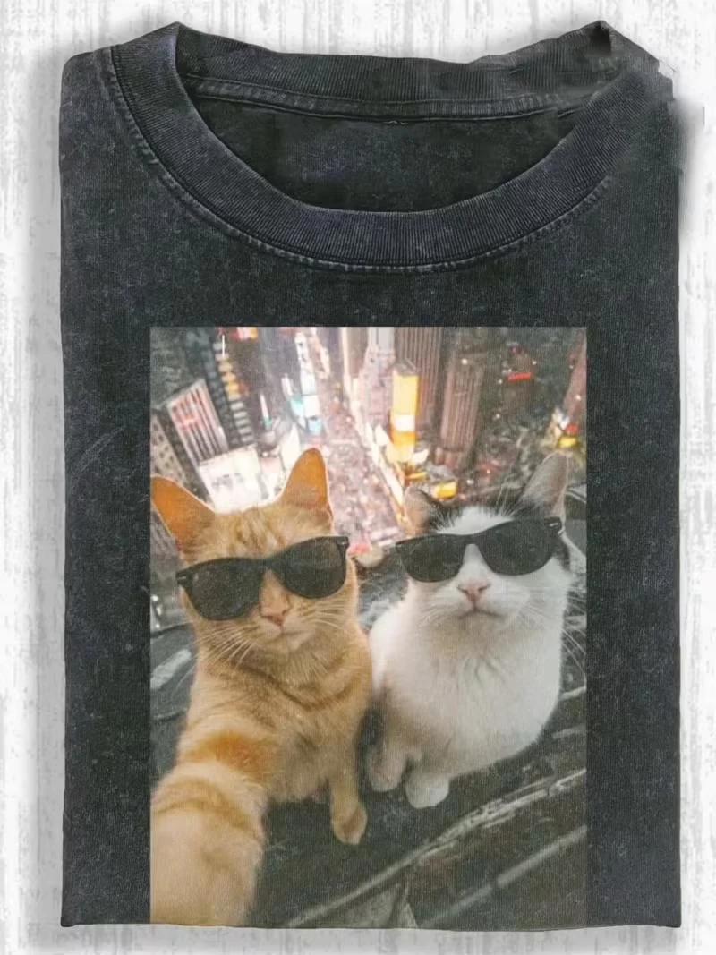 Hip Hop Cool Cats Gang Graphic Washed T-shirt Graphic Men Women Cartoon Manga Merch T-shirt Men's Oversized Unisex high quality