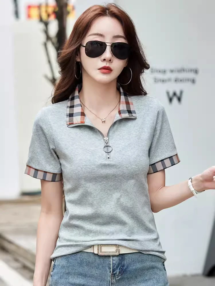 New Women Summer Cotton Polo T-shirt Fashion Button Plaid Turn-down Collar Short Sleeve Slim T-shirt Simplicity Casual Tees Tops