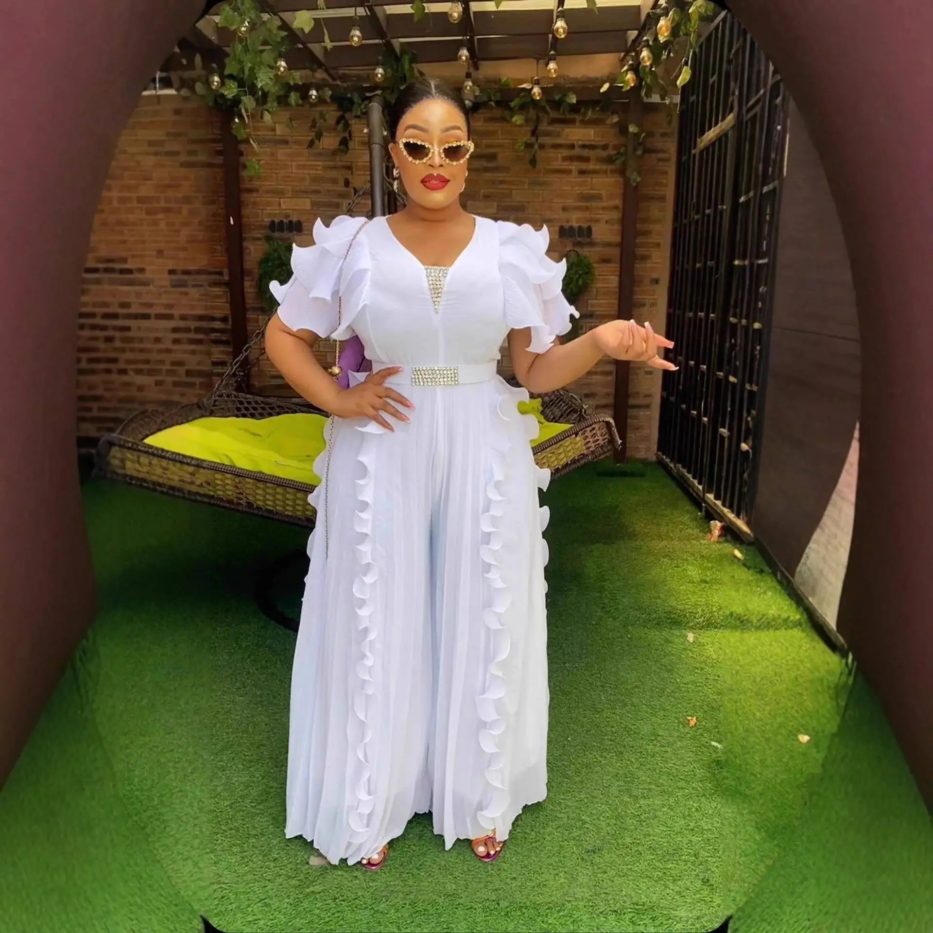 Plus Size Women V-neck Ruffle Jumpsuit White Ruffle Chiffon Wide-leg Rhinestone Belt Pleated Summer Elegant Casual Party Outfit