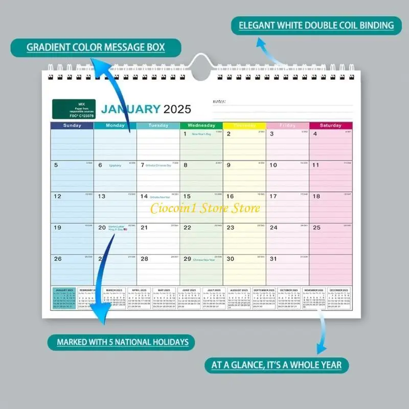 A3PC 2025 벽 달력 매달려 달력 주간 플래너 영어 에디션 캘린더