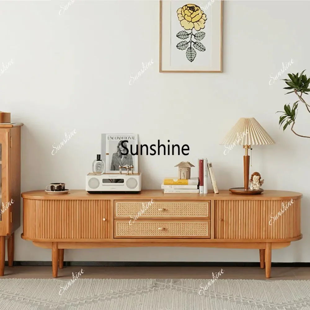 

YNordic rattan glass solid wood TV cabinet creative rolling shutter door small apartment