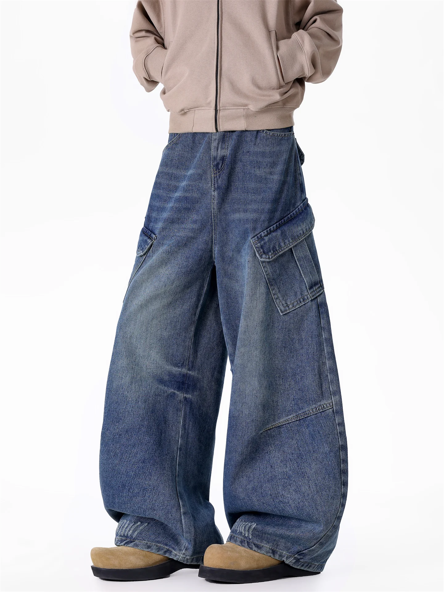 

American High Street Men's Denim Jeans Large ket Workwear Wide Leg Retro Silhouette Waed Casual Straight Cut Trousers