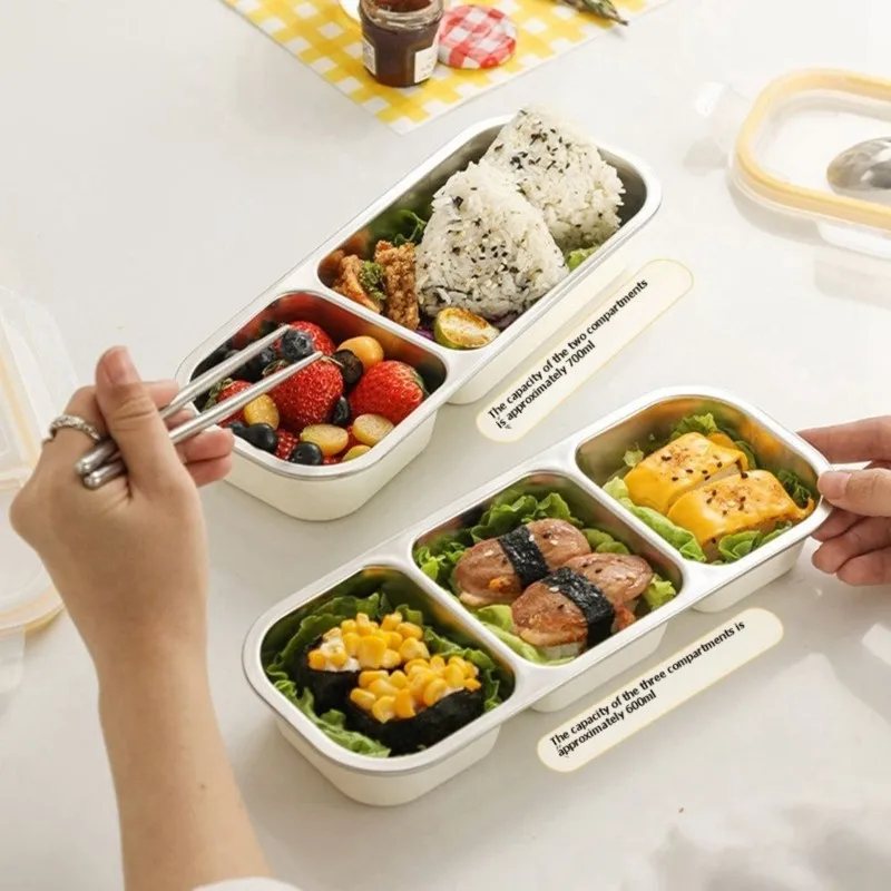 A04G-Bento Box Modern Simple Style-Microwave Safe, Multi-Compartment 2Pc-Stainless Steel& PP Plastic Material
