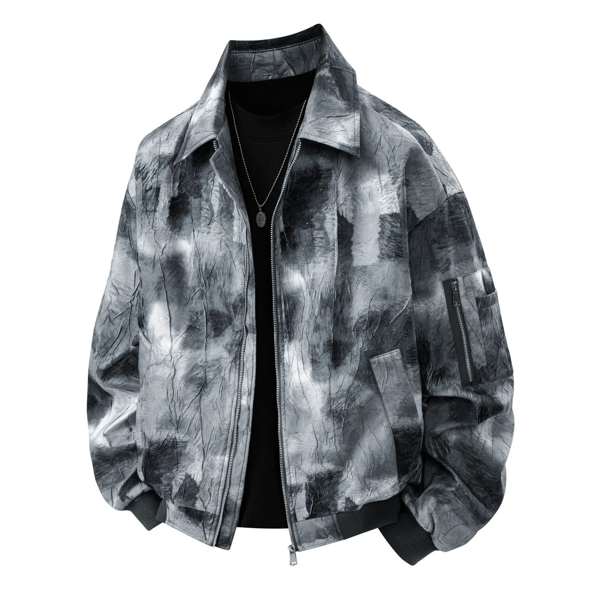

2026 Spring Autumn Men Jacket Fashion Contrast Color Drawing Male Coat Loose Casual Turn Down Collar Long Sleeve Man Outerwear