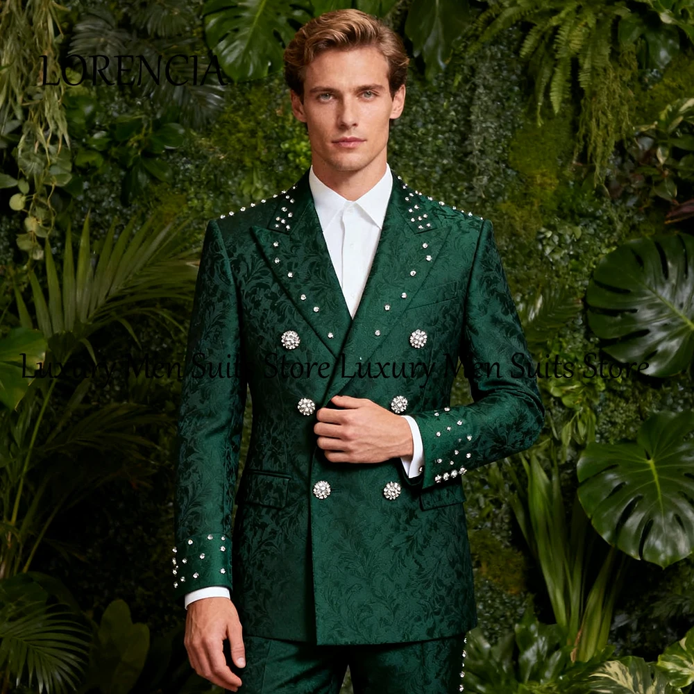 

Elegant Jacquard Suits for Male 2 Pcs Glitter Crystal Tuxedos Wedding Party Outfits Customized Blazer Pants trajes para hombre