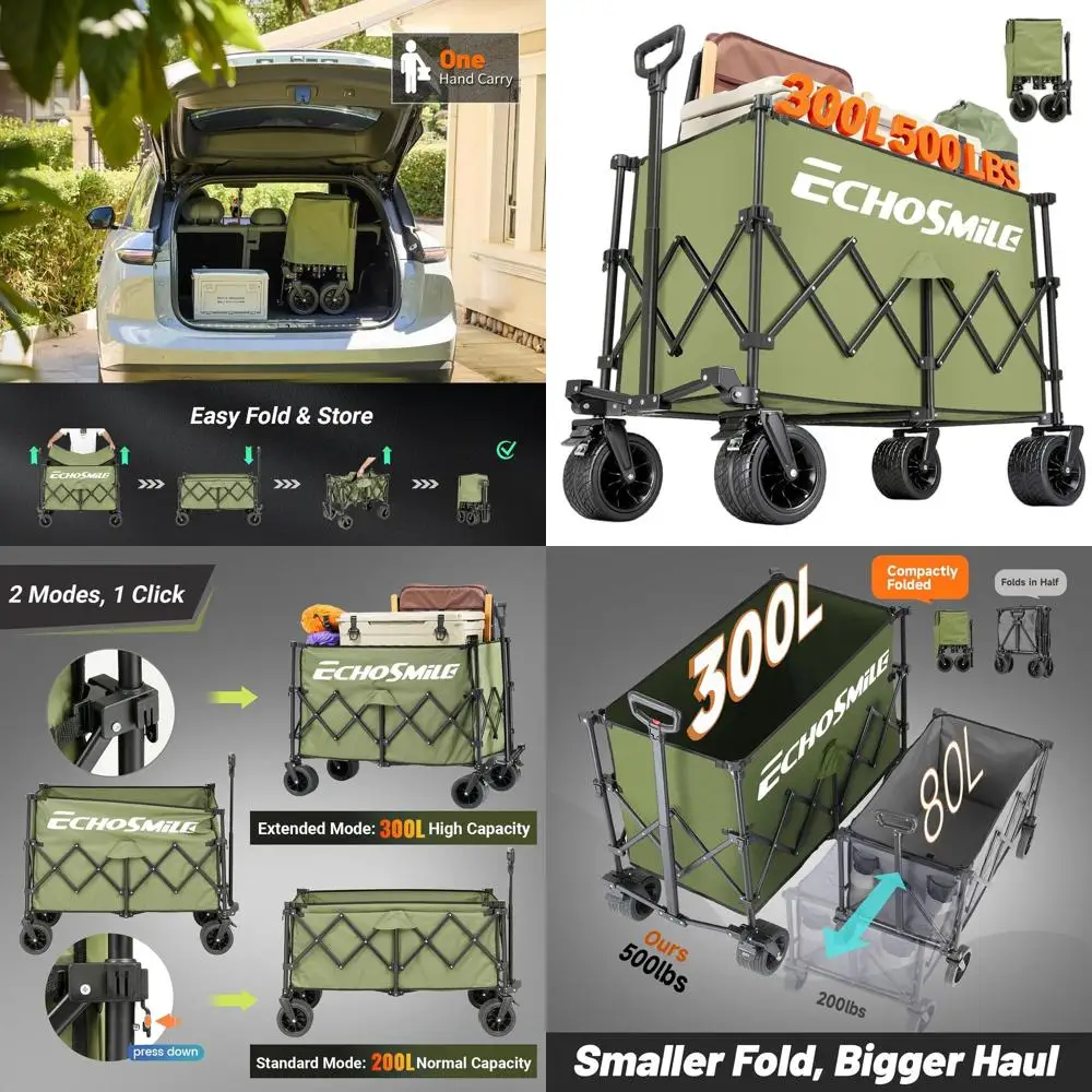 

Extended Folding Utility Wagon with 500lbs Capacity and 300L Volume, All-Terrain Wheels for Outdoor, Sports, and Grocery Hauling