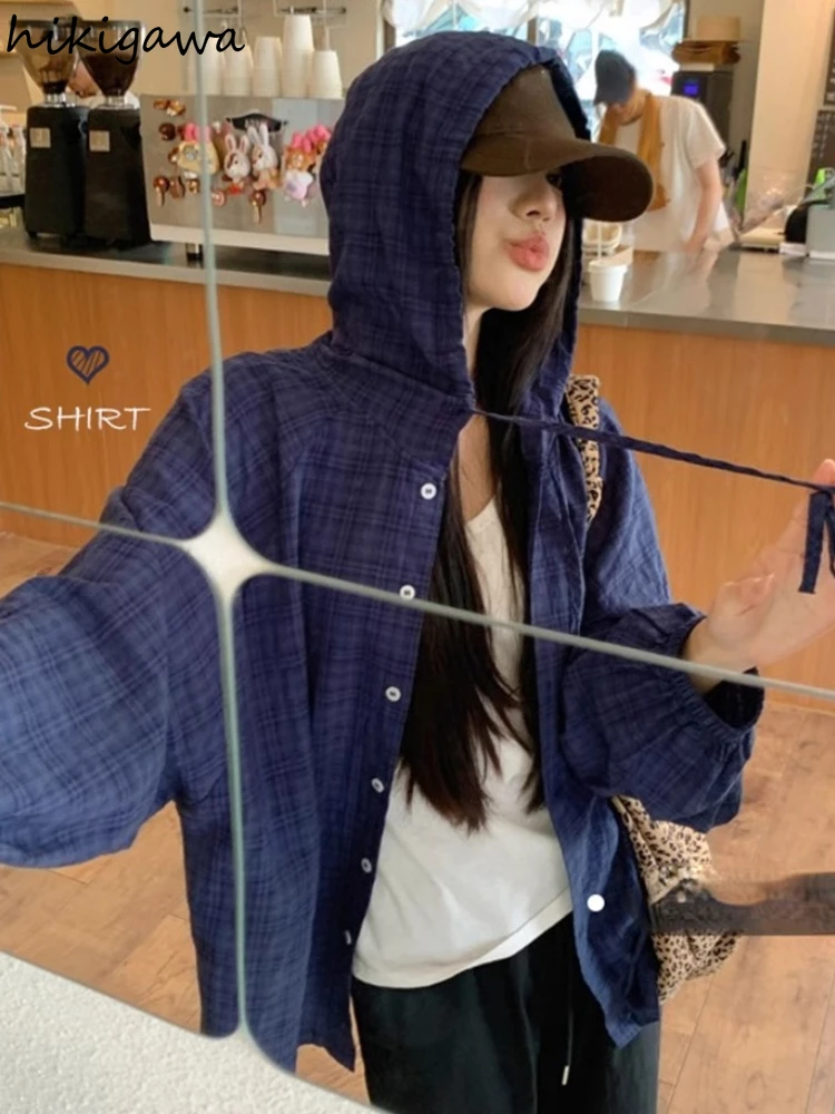 Streetwear Hooded Women Shirts 2024 Blusas Mujer De Moda Long Sleeve Casual Fashion Blouse Tops Vintage Summer Plaid Blouses