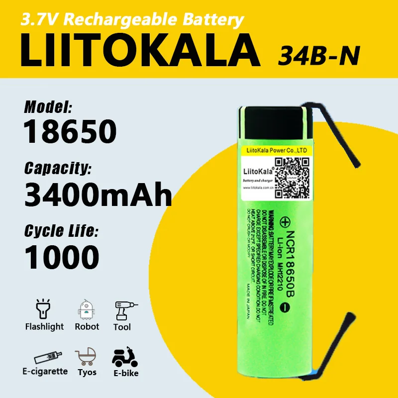 1-40pcs LiitoKala 34B-N 100%  Original NCR18650B 3.7v 18650 3400mAh Lithium Rechargeable Battery Flashlight battery+DIY Nickel