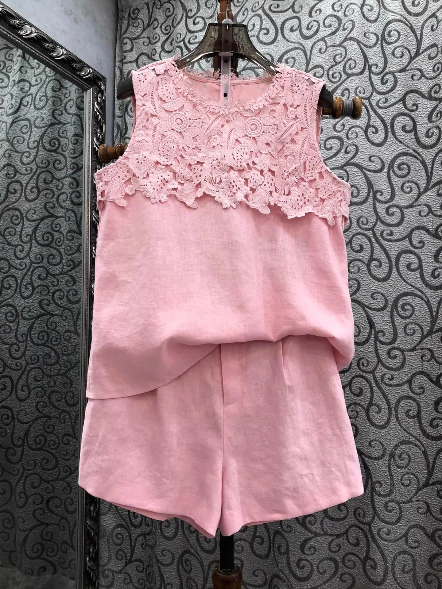 

100%Linen Women's Set 2025 Summer Short Suit Lady Crochet Lace Embroidery Patchwork Top Blouse+Pocket Patchwork Pink Beige Short
