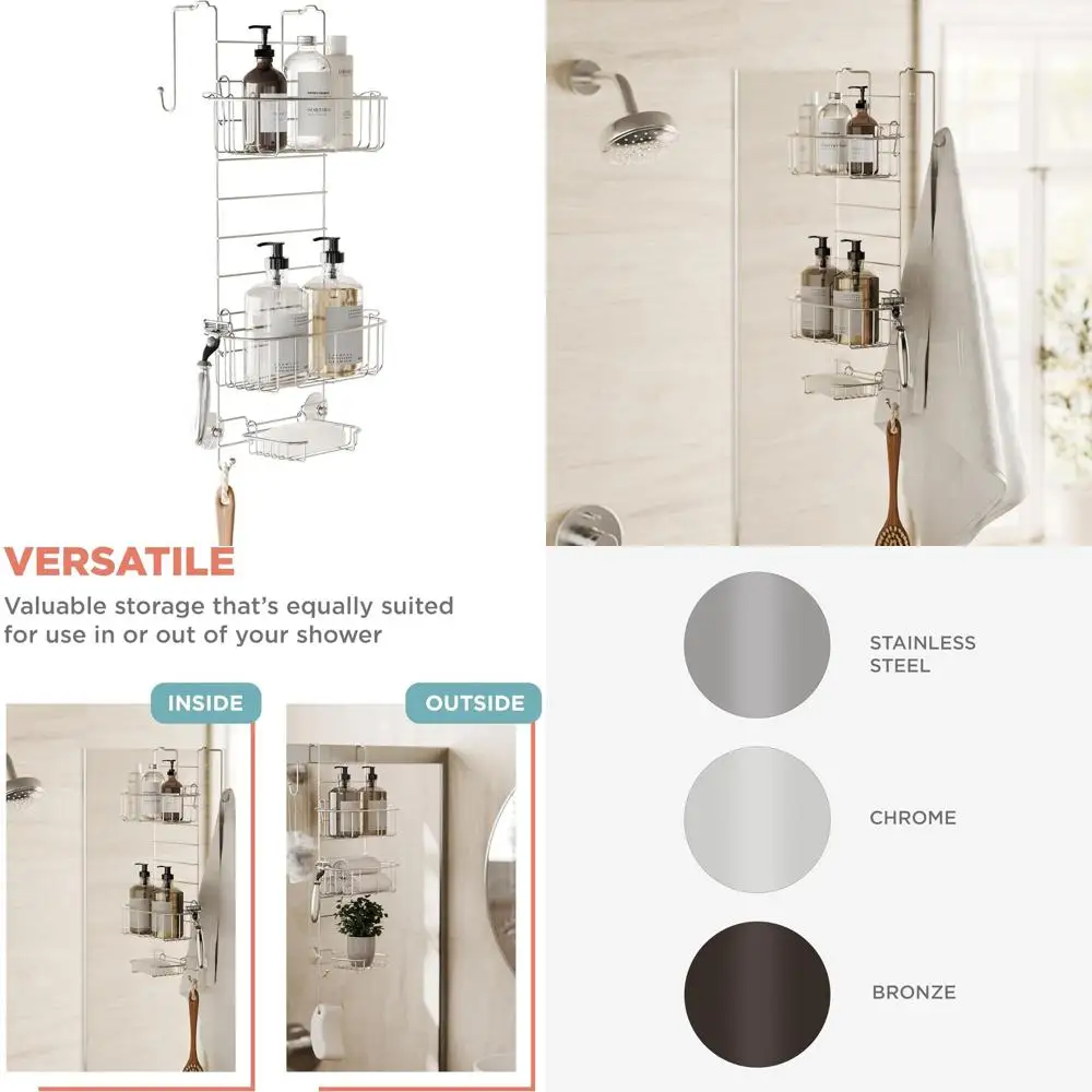 

Over-the-Door Shower Organizer with 2 Shelves and Hooks, Stainless Steel Bathroom Storage