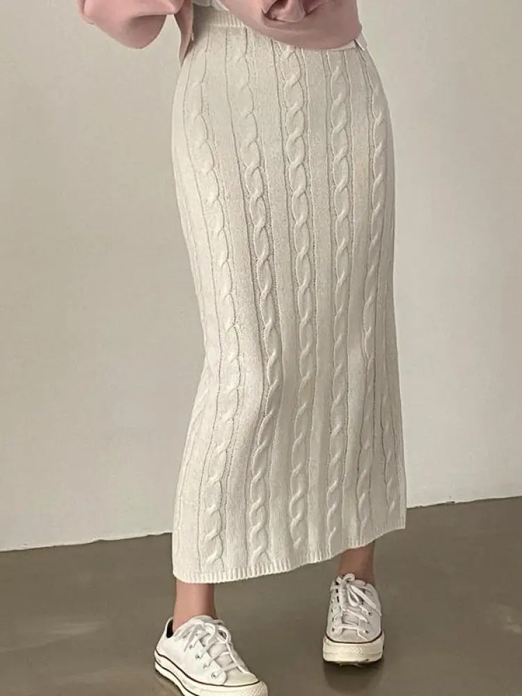 Women 2023 Fashion Autumn Winter Slim Long Skirt Vintage Casual Elastic High Waisted Straight Skirt New Solid Knitted Skirts
