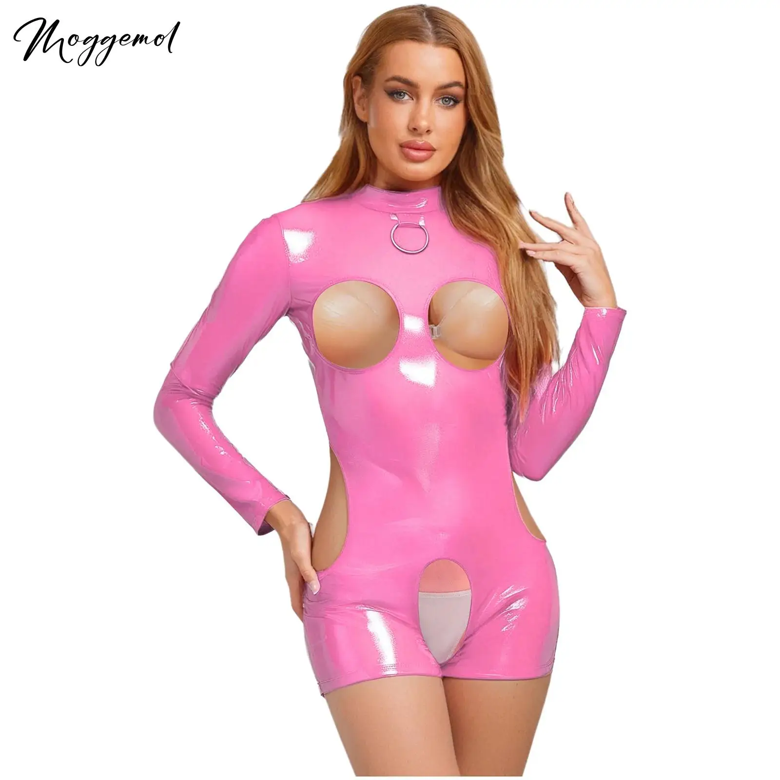 

Womens Wetlook Leather Rompers Sexy Hollow Out Cups Crotchless Mock Neck with O-ring Long Sleeve Back Zip Bodysuit Jumpsuit